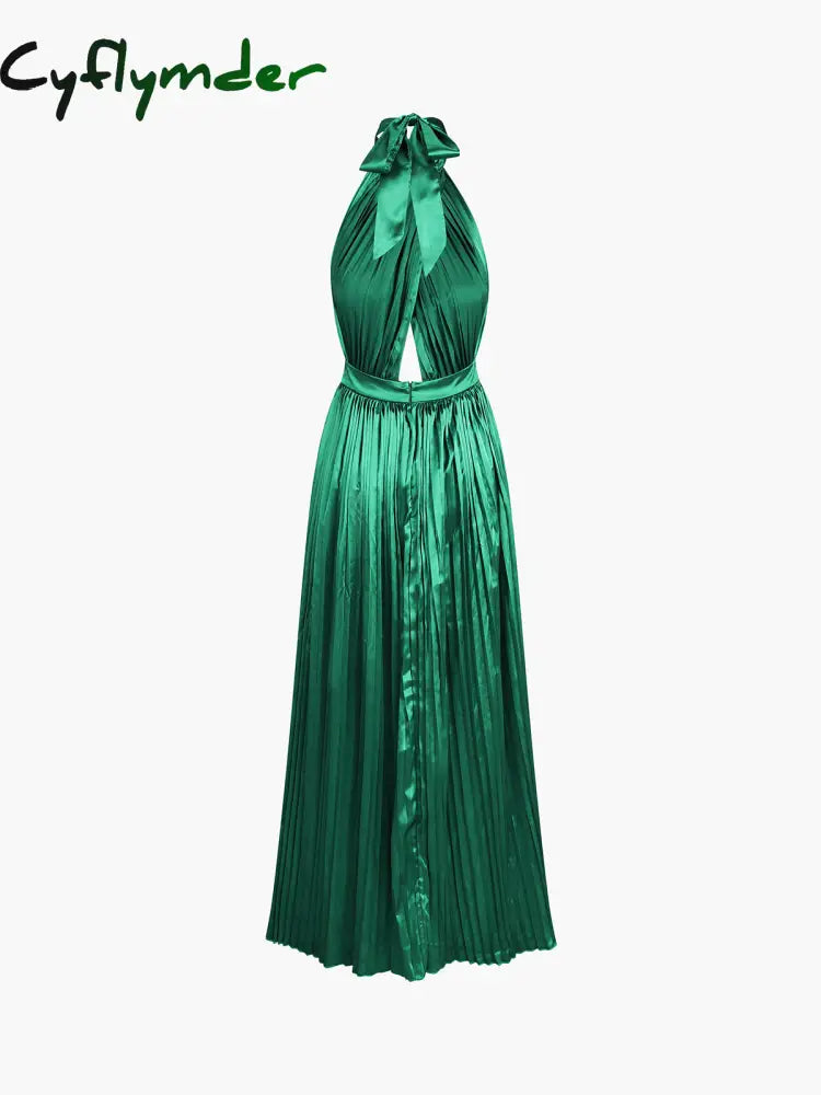 Cyflymder - Halter Tied Open Back Satin Pleat Long Dress Dresses