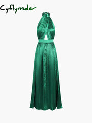 Cyflymder - Halter Tied Open Back Satin Pleat Long Dress Green / S Dresses