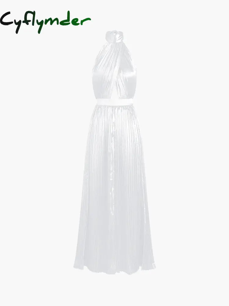 Cyflymder - Halter Tied Open Back Satin Pleat Long Dress White / S Dresses