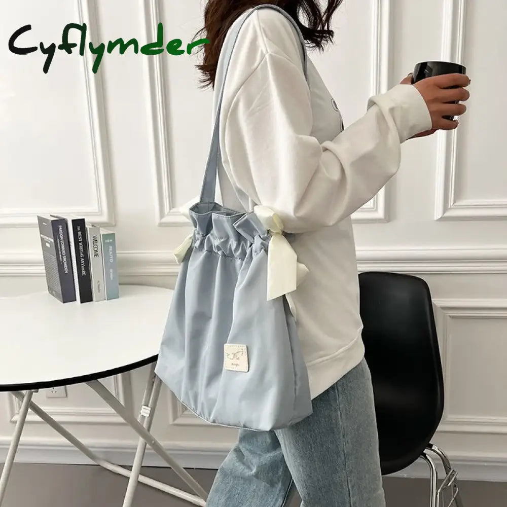 Cyflymder Handbag For Women Cute Drawstring Bow Tie Shoulder Bag Large Capacity Nylon Girl Shopping