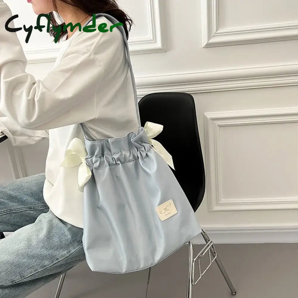 Cyflymder Handbag For Women Cute Drawstring Bow Tie Shoulder Bag Large Capacity Nylon Girl Shopping