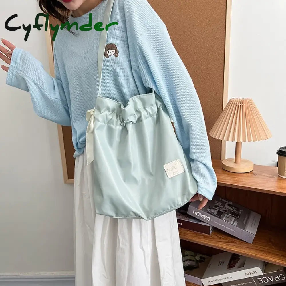 Cyflymder Handbag For Women Cute Drawstring Bow Tie Shoulder Bag Large Capacity Nylon Girl Shopping