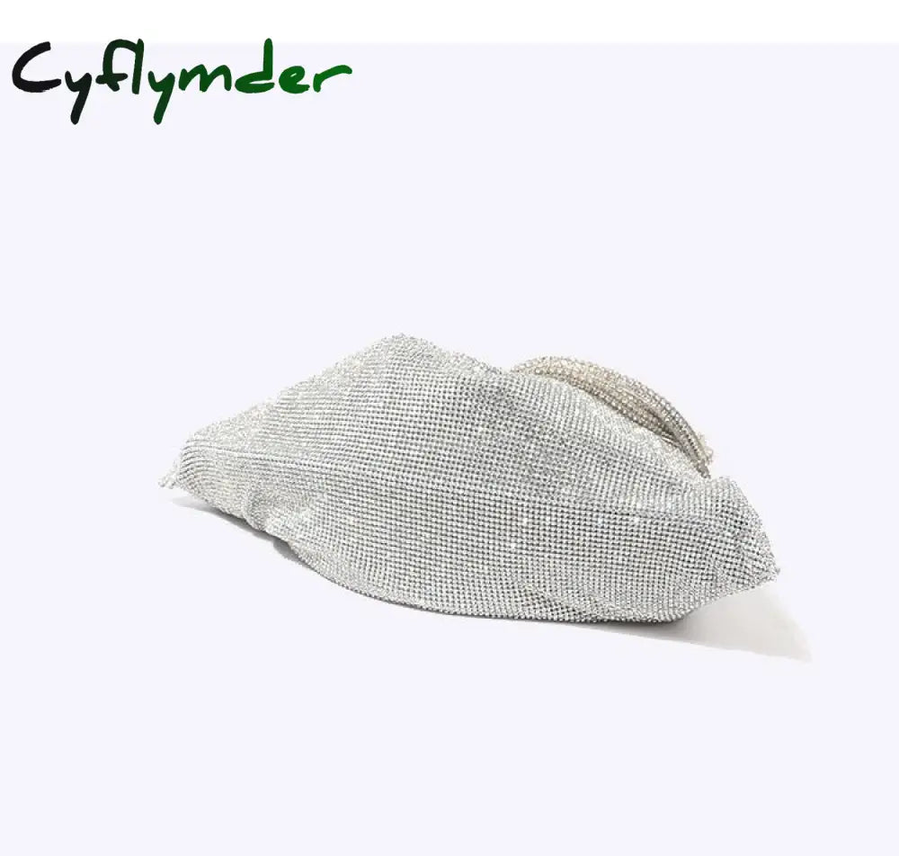 Cyflymder Handle Rhinestones Evening Clutch Bag Silver Shiny Crystal Dinner Party Wedding Purses