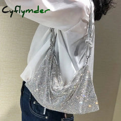 Cyflymder Handle Rhinestones Evening Clutch Bag Silver Shiny Crystal Dinner Party Wedding Purses