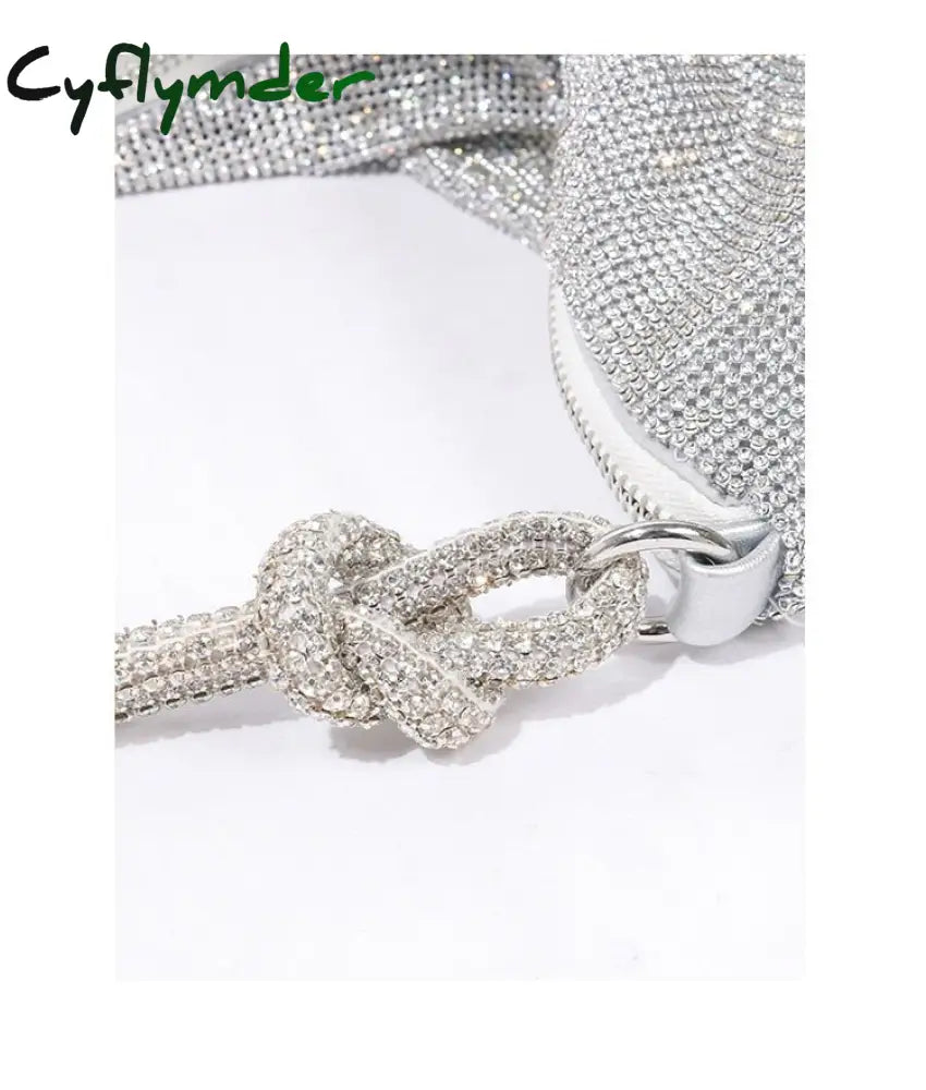 Cyflymder Handle Rhinestones Evening Clutch Bag Silver Shiny Crystal Dinner Party Wedding Purses