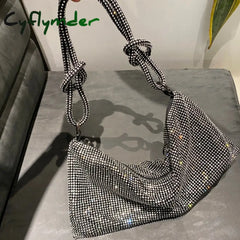 Cyflymder Handle Rhinestones Evening Clutch Bag Silver Shiny Crystal Dinner Party Wedding Purses