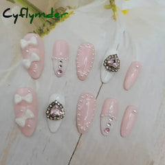 Cyflymder Handmade Custom Made False Nail Art With Pearls And Nows Wearable Pink Almond Style