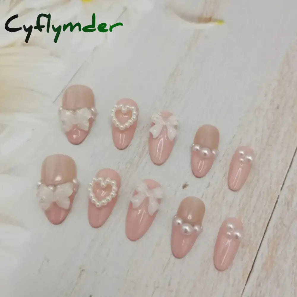 Cyflymder Handmade Custom Made False Nail Art With Pearls And Nows Wearable Pink Almond Style