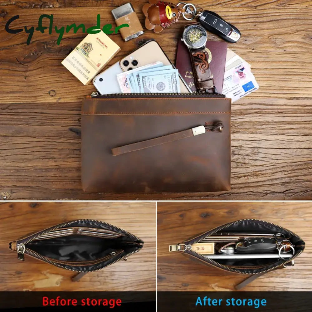 Cyflymder Handmade Genuine Leather Clutch Wallet Retro Long Handbag Large Capacity Organizer Hand