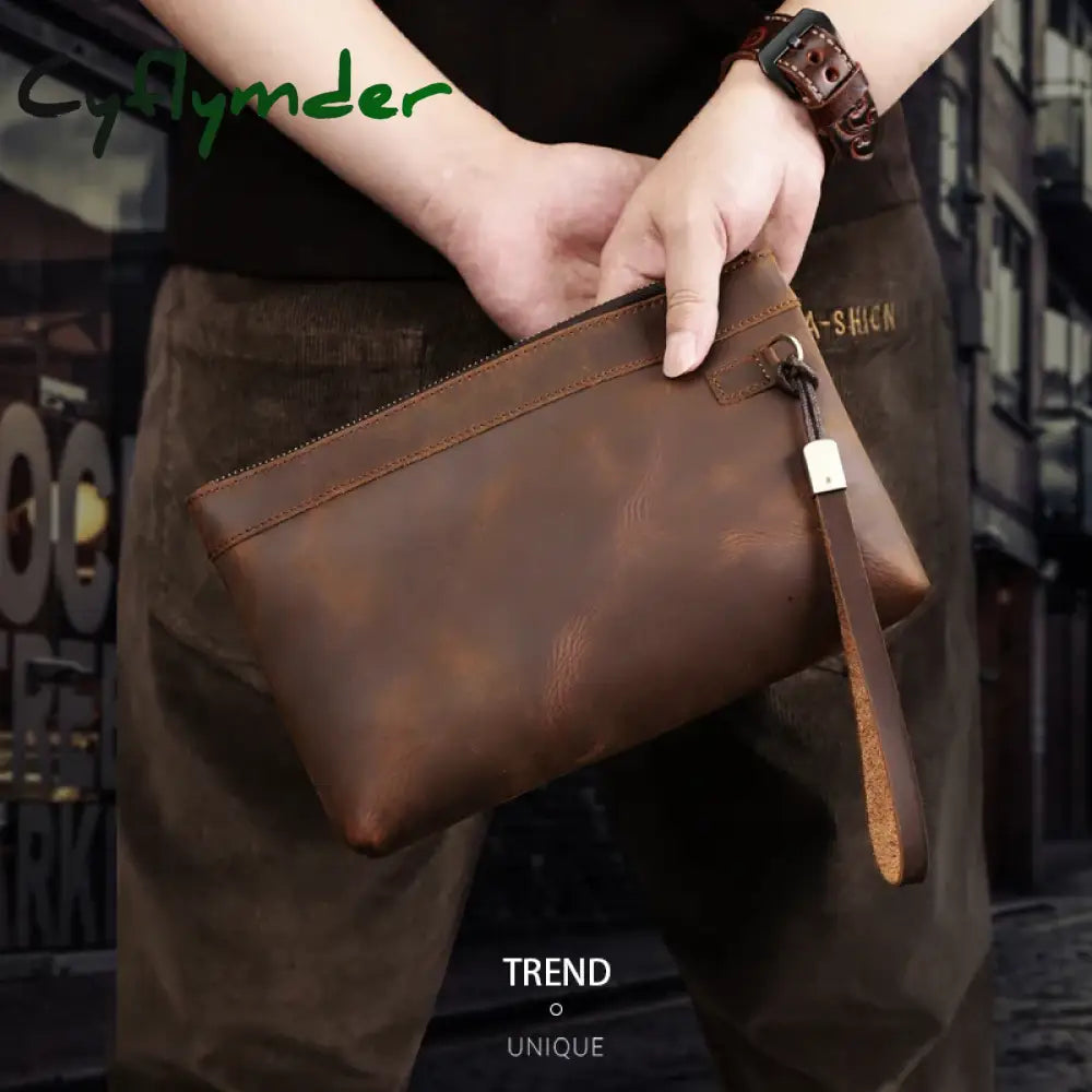 Cyflymder Handmade Genuine Leather Clutch Wallet Retro Long Handbag Large Capacity Organizer Hand