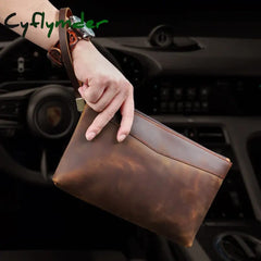 Cyflymder Handmade Genuine Leather Clutch Wallet Retro Long Handbag Large Capacity Organizer Hand