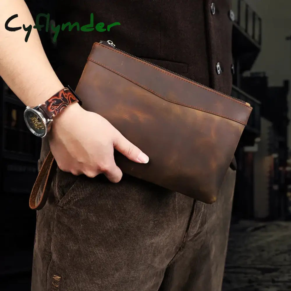 Handmade Genuine Leather Clutch Wallet Retro Long Handbag Large Capacity Organizer Hand Bag For Men