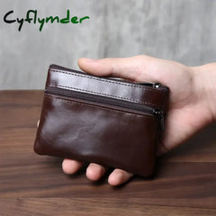 Cyflymder Handmade Genuine Leather Small Wallet Business Card Bag Top Layer Cowhide Simple Zipper Driver’s License Bag