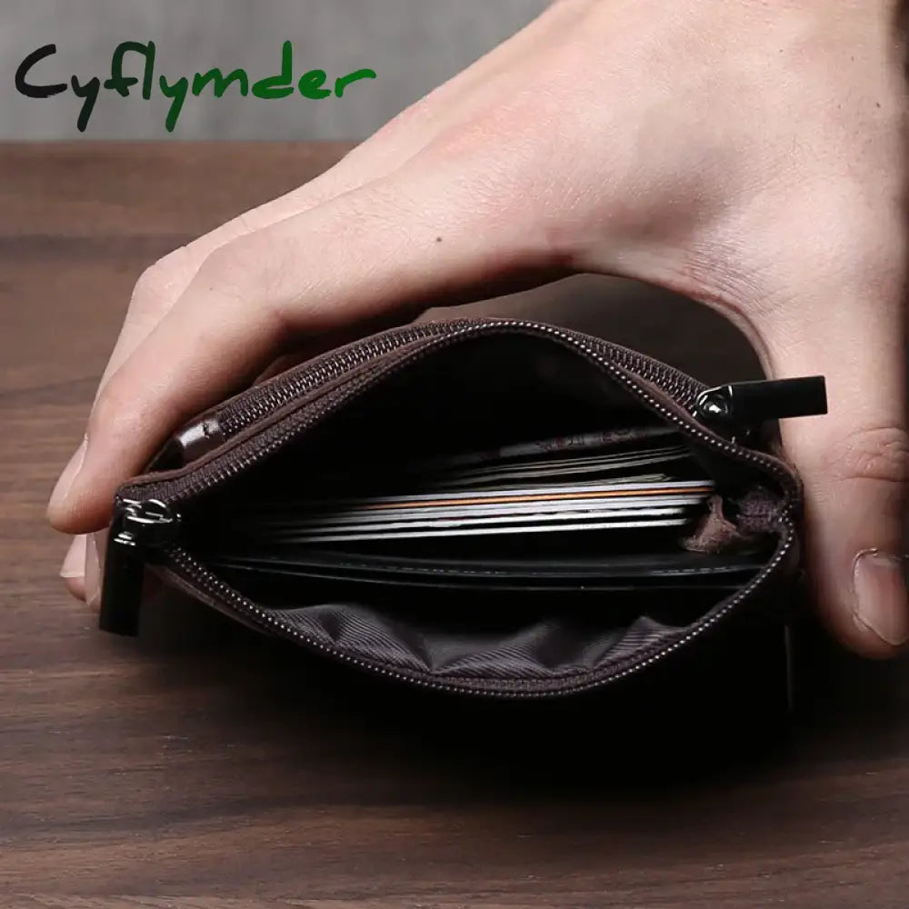 Cyflymder Handmade Genuine Leather Small Wallet Business Card Bag Top Layer Cowhide Simple Zipper Driver’s License Bag