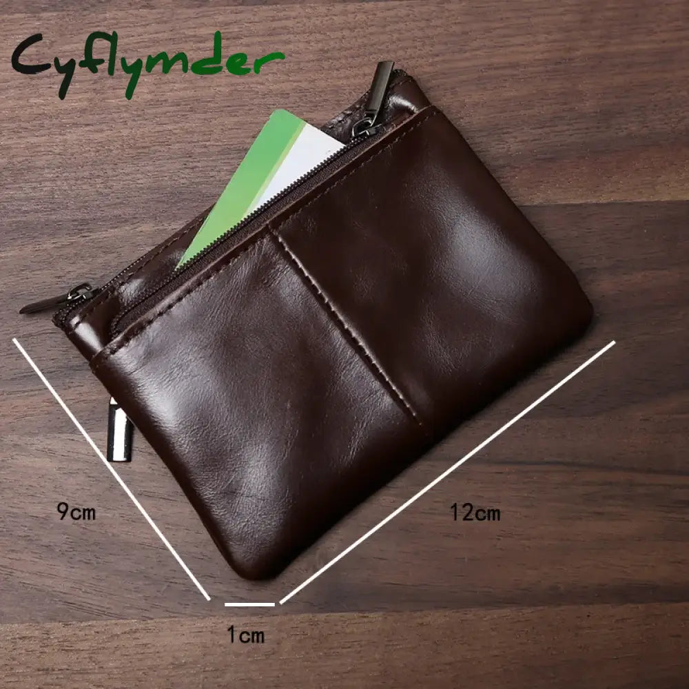 Cyflymder Handmade Genuine Leather Small Wallet Business Card Bag Top Layer Cowhide Simple Zipper Driver’s License Bag