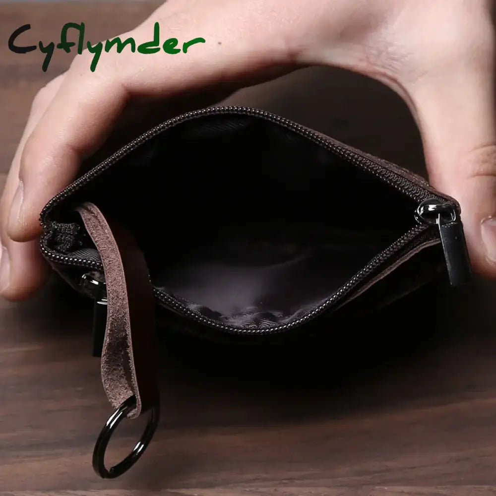 Cyflymder Handmade Genuine Leather Small Wallet Business Card Bag Top Layer Cowhide Simple Zipper Driver’s License Bag