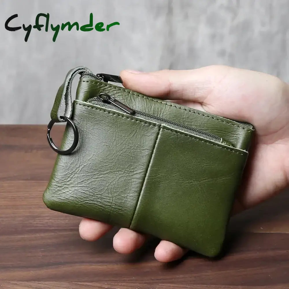 Cyflymder Handmade Genuine Leather Small Wallet Business Card Bag Top Layer Cowhide Simple Zipper Driver’s License Bag