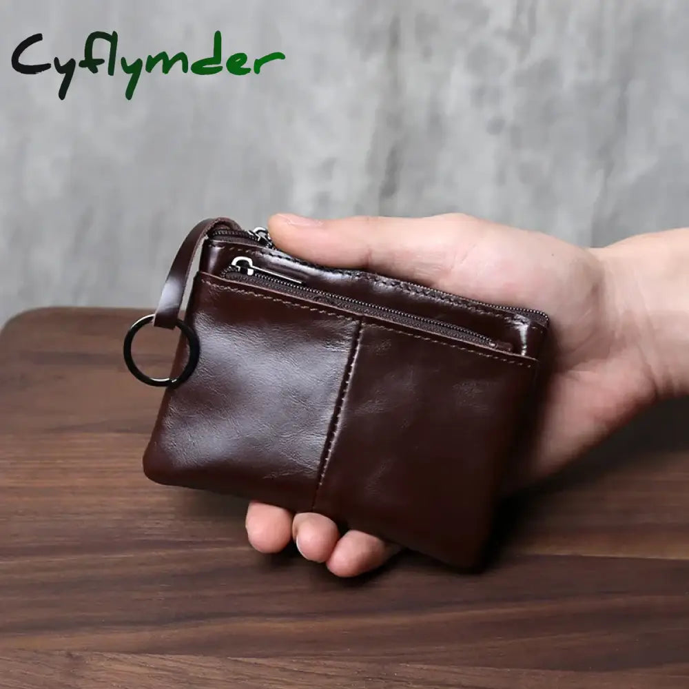 Cyflymder Handmade Genuine Leather Small Wallet Business Card Bag Top Layer Cowhide Simple Zipper Driver’s License Bag