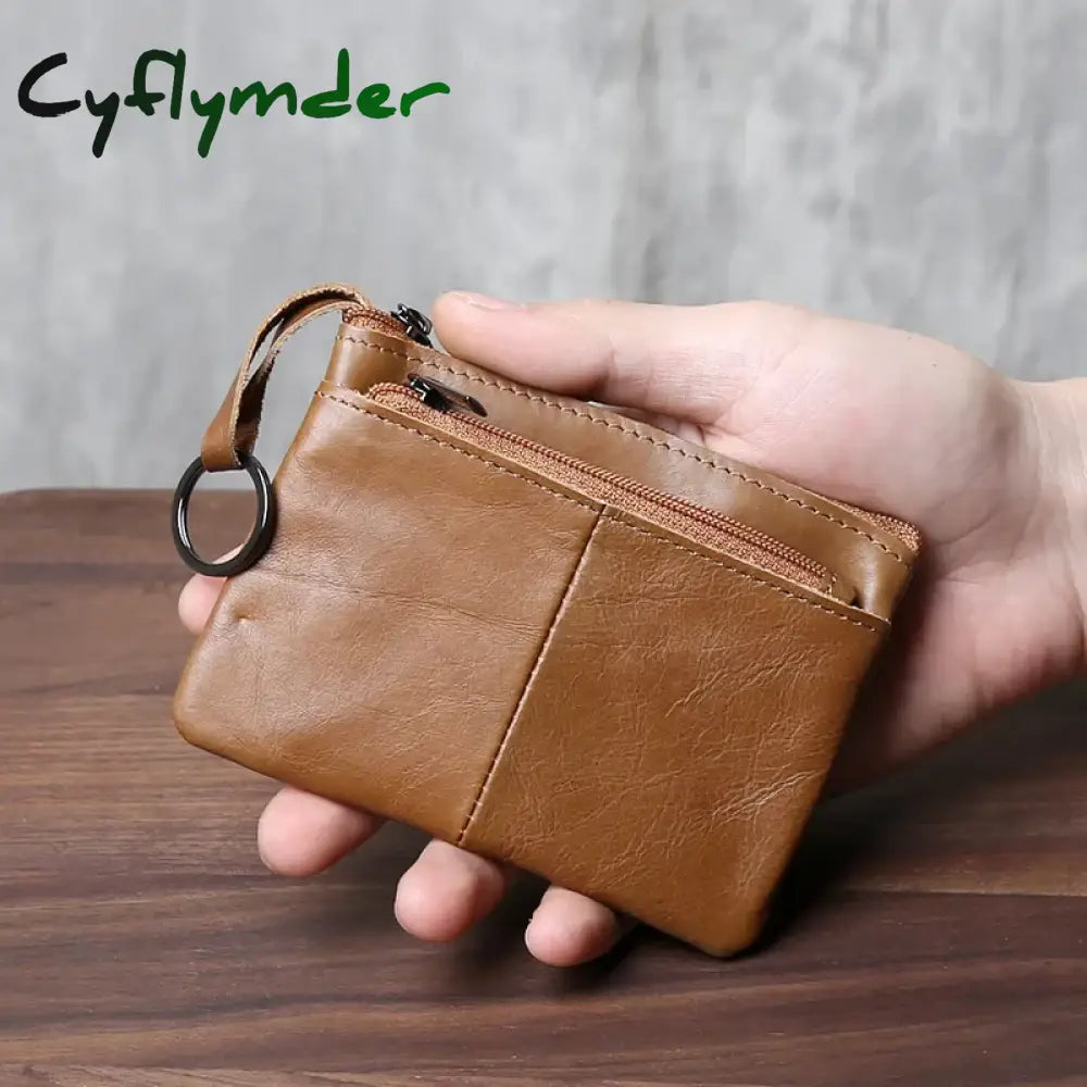 Cyflymder Handmade Genuine Leather Small Wallet Business Card Bag Top Layer Cowhide Simple Zipper Driver’s License Bag