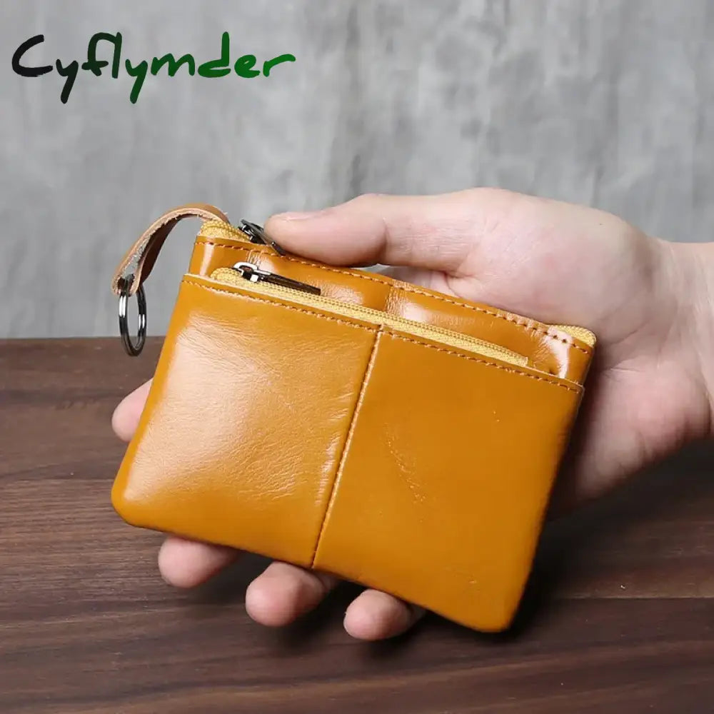 Cyflymder Handmade Genuine Leather Small Wallet Business Card Bag Top Layer Cowhide Simple Zipper Driver’s License Bag