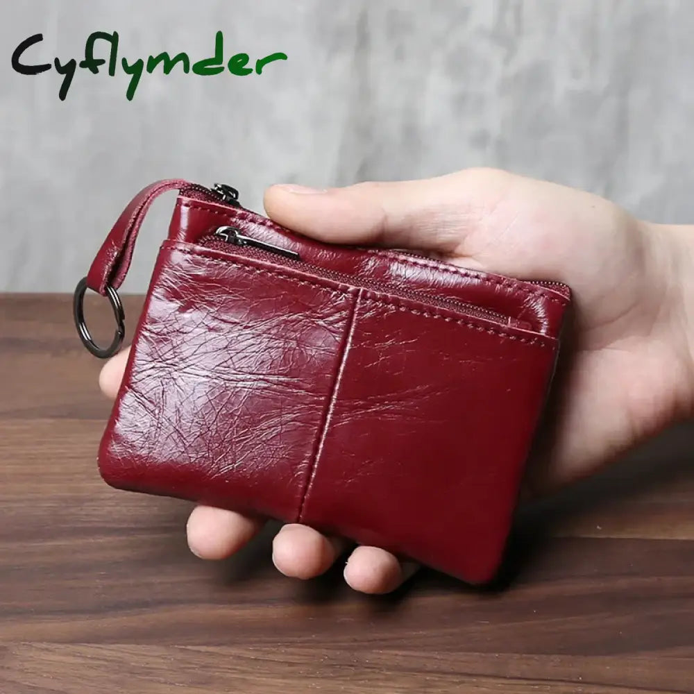 Cyflymder Handmade Genuine Leather Small Wallet Business Card Bag Top Layer Cowhide Simple Zipper Driver’s License Bag