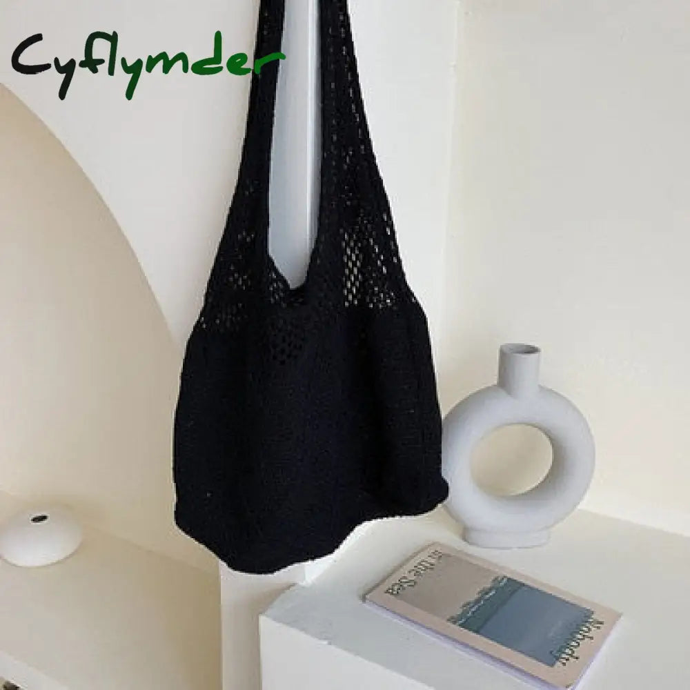 Cyflymder Handmade Lady Retro Chic Crochet Handbag Korean Fashion Knitted Braid Hollow Black Yellow