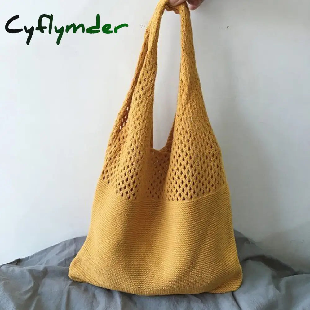 Cyflymder Handmade Lady Retro Chic Crochet Handbag Korean Fashion Knitted Braid Hollow Black Yellow