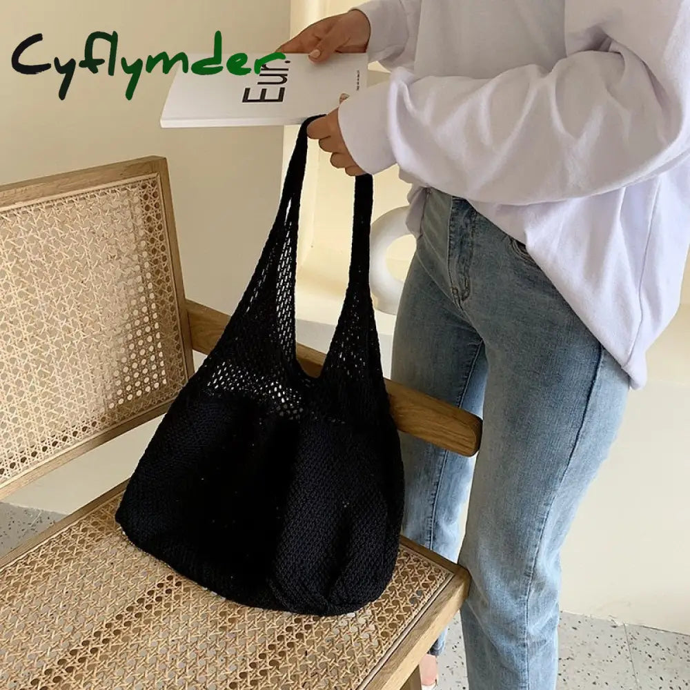 Cyflymder Handmade Lady Retro Chic Crochet Handbag Korean Fashion Knitted Braid Hollow Black Yellow