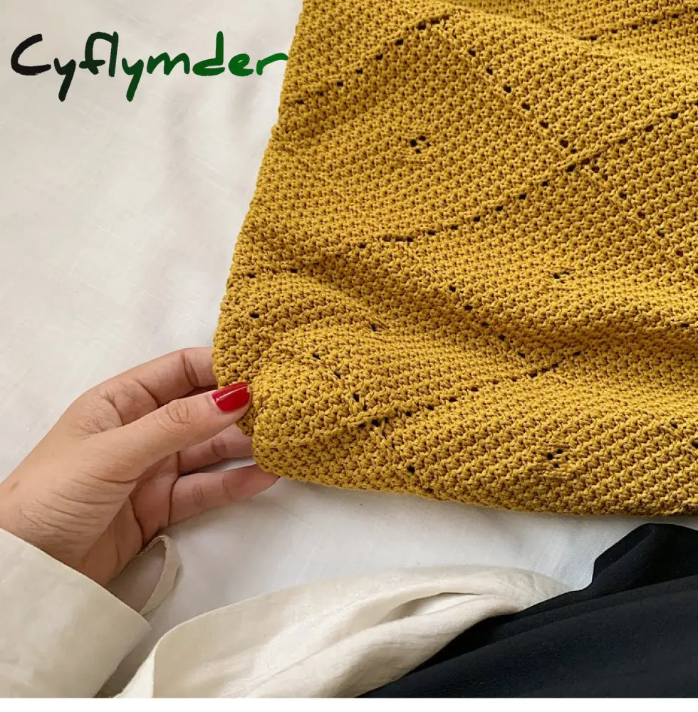 Cyflymder Handmade Lady Retro Chic Crochet Handbag Korean Fashion Knitted Braid Hollow Black Yellow