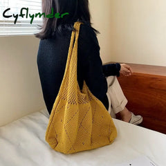 Cyflymder Handmade Lady Retro Chic Crochet Handbag Korean Fashion Knitted Braid Hollow Black Yellow