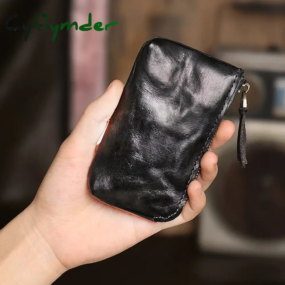 Cyflymder Handmade Original Genuine Leather Short Coin Purse Wallet Male Zipper Simple Mini Small Purse Key Bag Coin