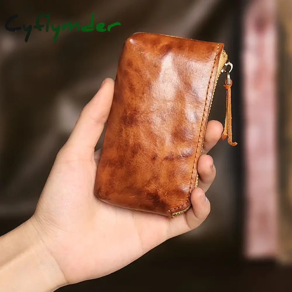 Cyflymder Handmade Original Genuine Leather Short Coin Purse Wallet Male Zipper Simple Mini Small Purse Key Bag Coin