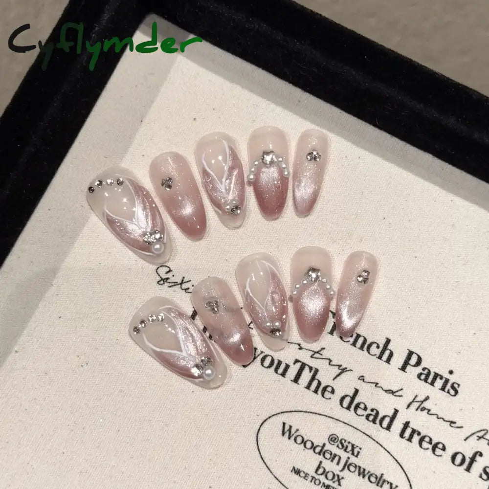 Cyflymder Handmade Press on Nails Blue Aurora Mermaid Fake Nail Patches Wearable Detachable French Pearl Almond False