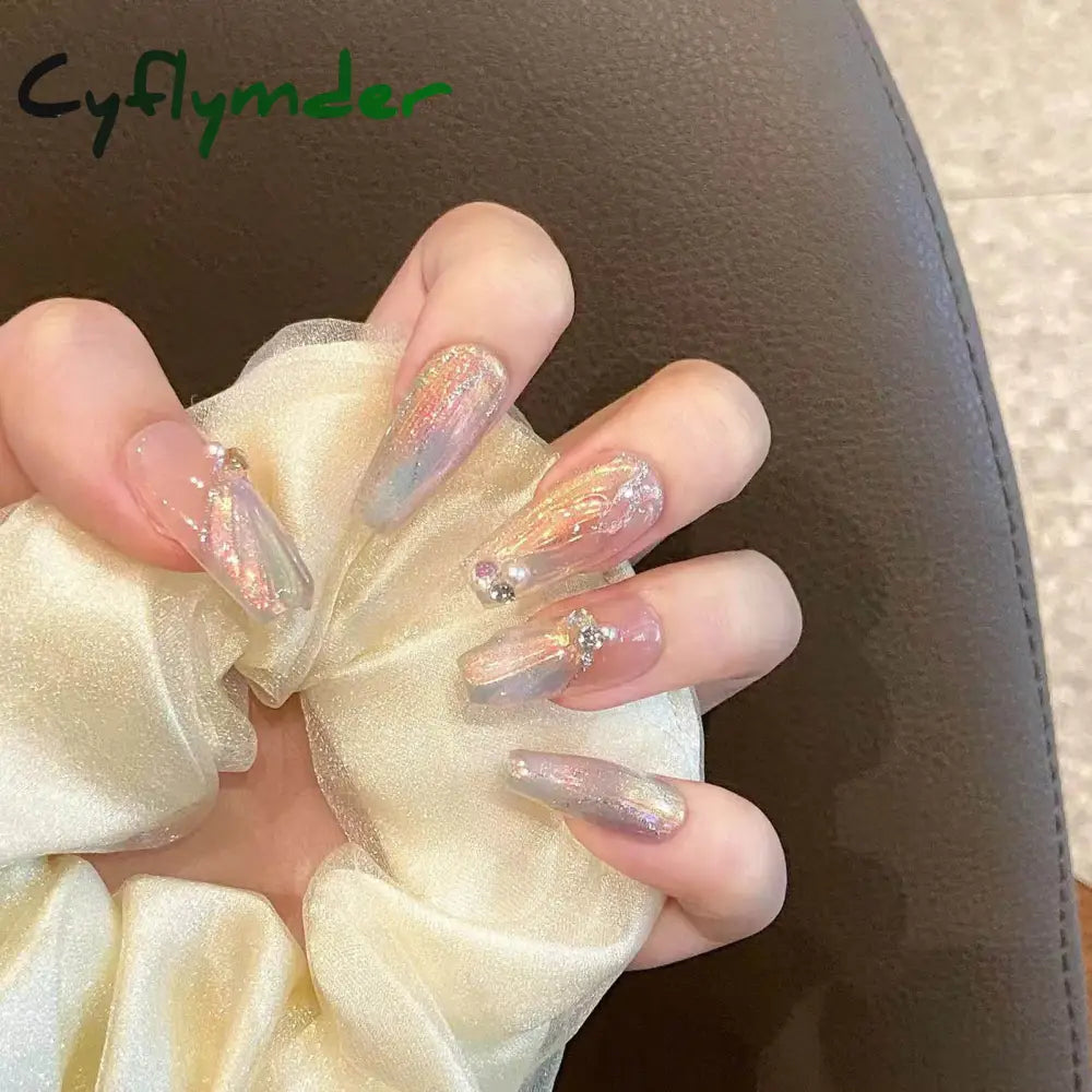 Cyflymder Handmade Press on Nails Blue Aurora Mermaid Fake Nail Patches Wearable Detachable French Pearl Almond False