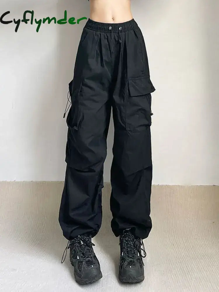 Cyflymder Harajuku Oversized Cargo Parachute Pants Women Streetwear Vintage Y2K Hip Hop Wide Leg