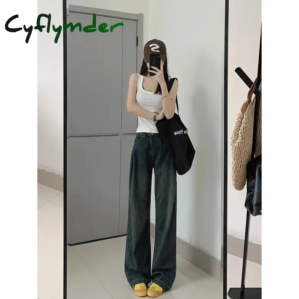 Cyflymder Harajuku Retro Women’s High Waist Wide Leg Jeans Autumn Winter Thin Vintage Straight
