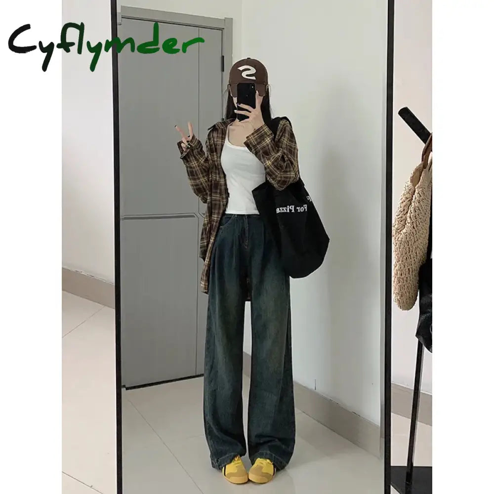 Cyflymder Harajuku Retro Women’s High Waist Wide Leg Jeans Autumn Winter Thin Vintage Straight