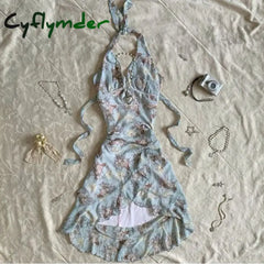 Cyflymder Harajuku Retro Y2K E-Girl Casual Dress Sexy Slim Chic Graphic Print Lace-Up Halter Neck Dresses Goth Grunge