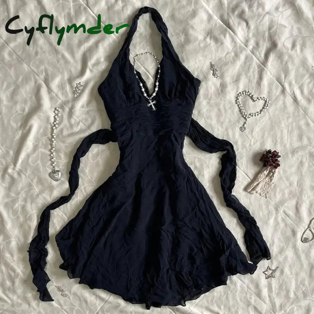 Cyflymder Harajuku Retro Y2K E-Girl Casual Dress Sexy Slim Chic Graphic Print Lace-Up Halter Neck Dresses Goth Grunge