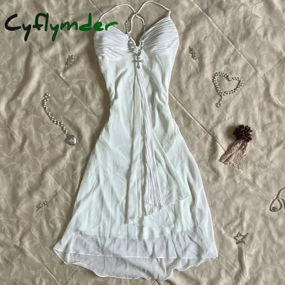 Cyflymder Harajuku Retro Y2K E-Girl Casual Dress Sexy Slim Chic Graphic Print Lace-Up Halter Neck Dresses Goth Grunge