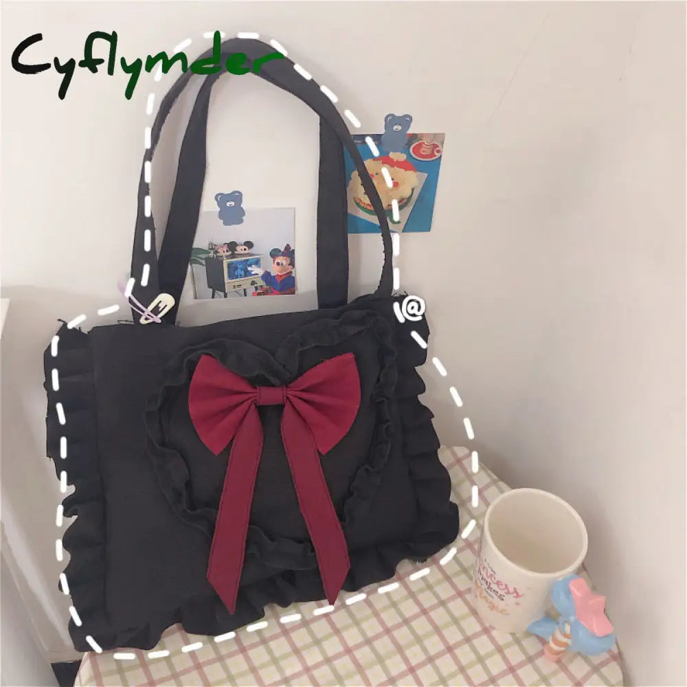 Cyflymder Harajuku Shoulder Bag Women Cute Japanese Jk Lolita Style Bow Ruffles Canvas Big Shopper