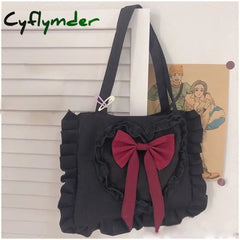 Cyflymder Harajuku Shoulder Bag Women Cute Japanese Jk Lolita Style Bow Ruffles Canvas Big Shopper