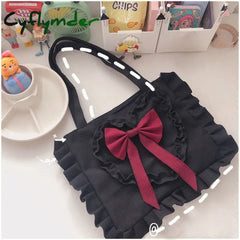 Cyflymder Harajuku Shoulder Bag Women Cute Japanese Jk Lolita Style Bow Ruffles Canvas Big Shopper