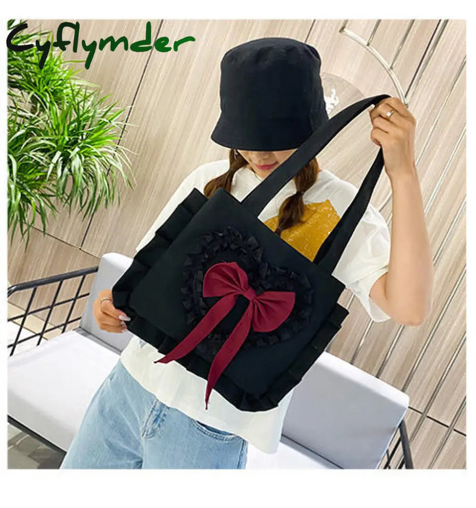 Cyflymder Harajuku Shoulder Bag Women Cute Japanese Jk Lolita Style Bow Ruffles Canvas Big Shopper