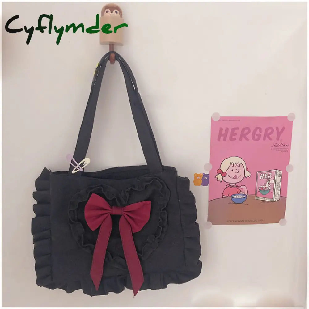 Cyflymder Harajuku Shoulder Bag Women Cute Japanese Jk Lolita Style Bow Ruffles Canvas Big Shopper