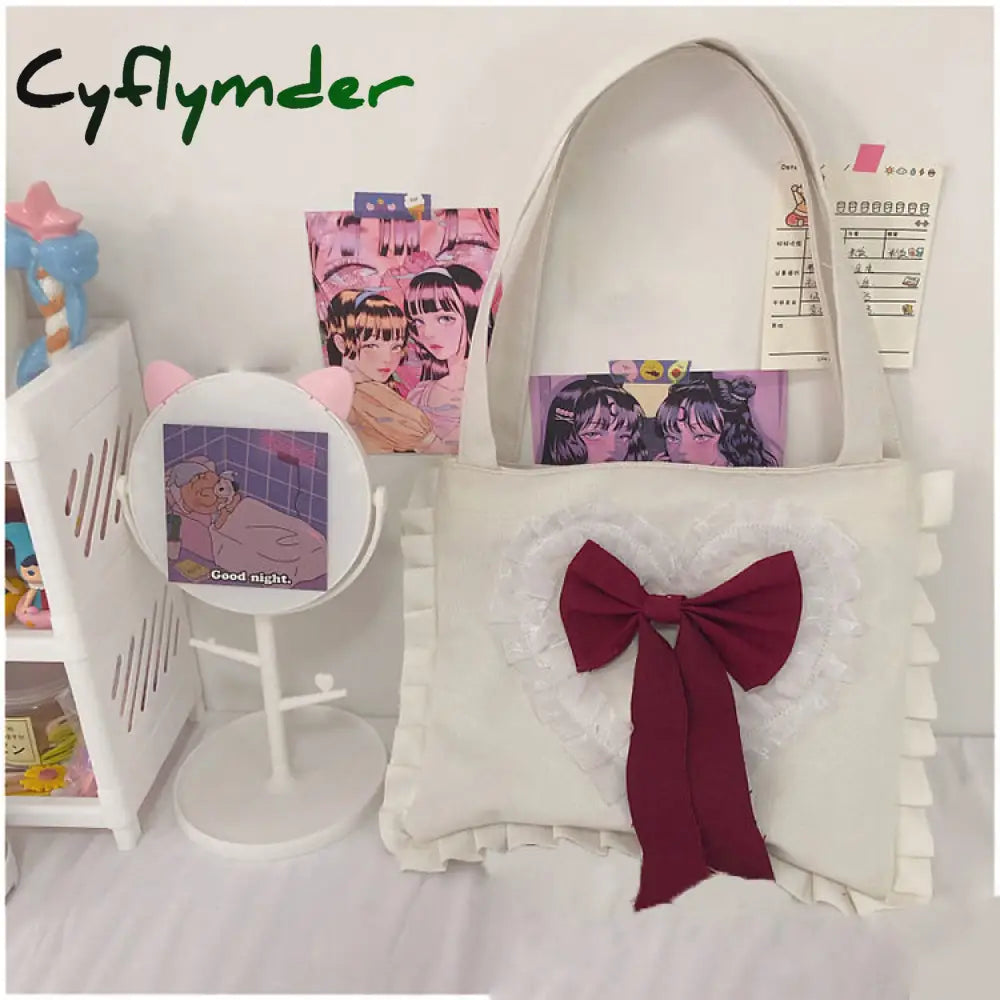 Cyflymder Harajuku Shoulder Bag Women Cute Japanese Jk Lolita Style Bow Ruffles Canvas Big Shopper