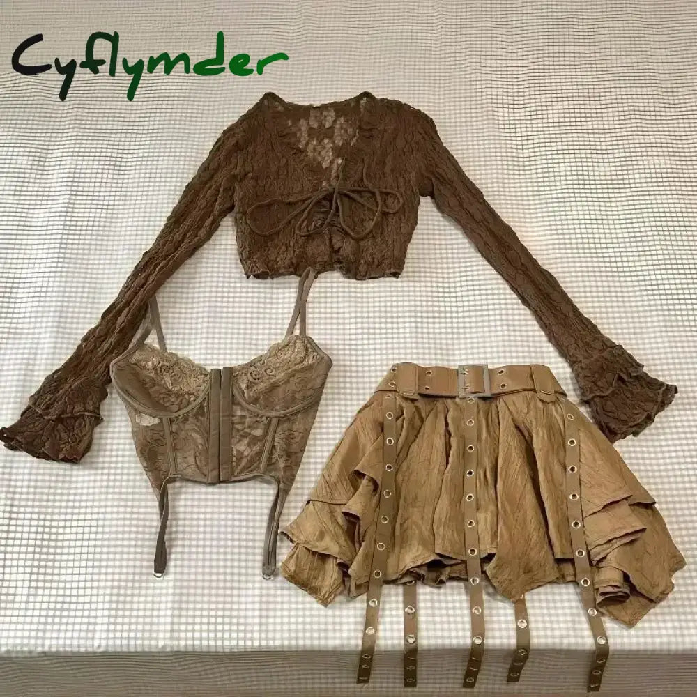 Cyflymder Harajuku Vintage Fashion 3 Piece Set Woman Short Cardigan + Slim Vest + Y2k E-Girl High Waist Skirt Hot Girls