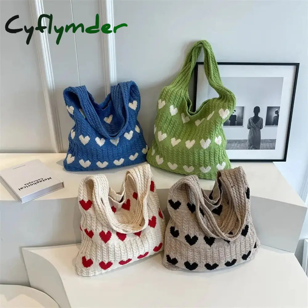 Cyflymder Heart Knit Women’s Bag Knitted Eco Korean Fashion Shopping Y2K Crochet Rope Shoulder