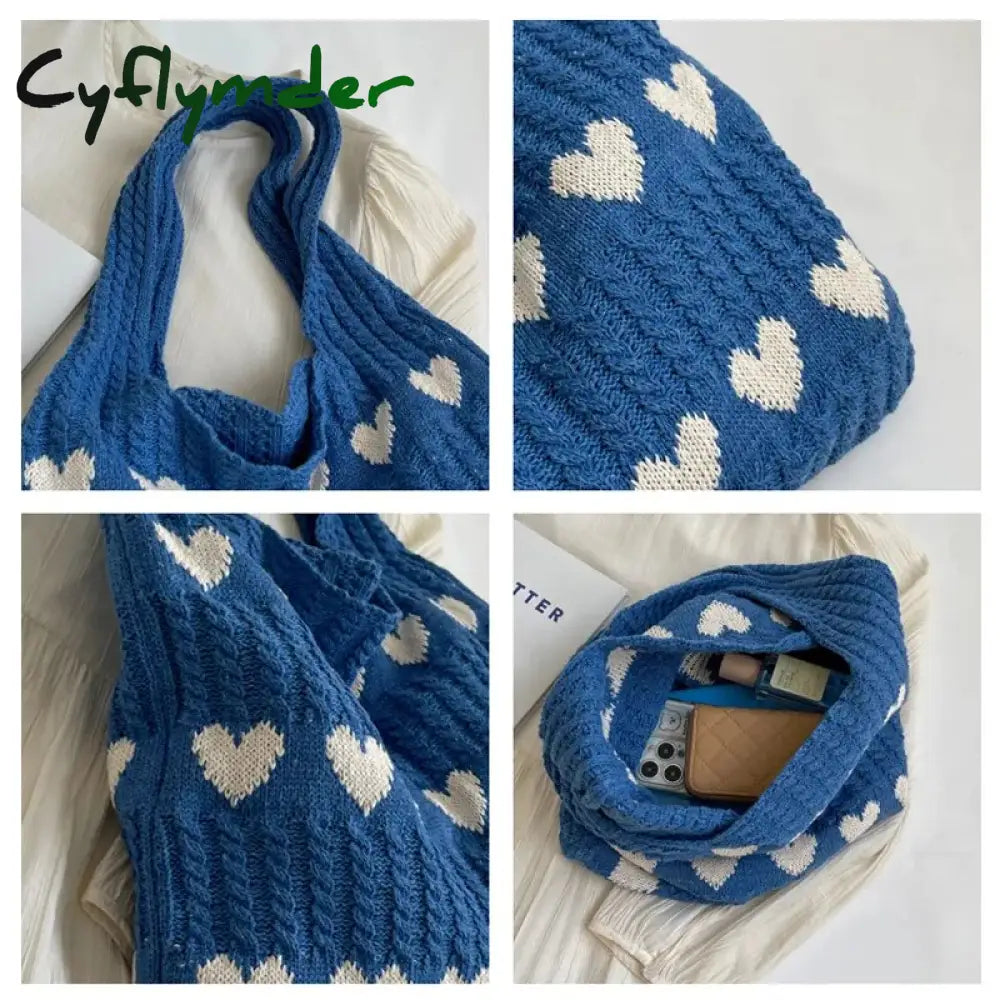 Cyflymder Heart Knit Women’s Bag Knitted Eco Korean Fashion Shopping Y2K Crochet Rope Shoulder