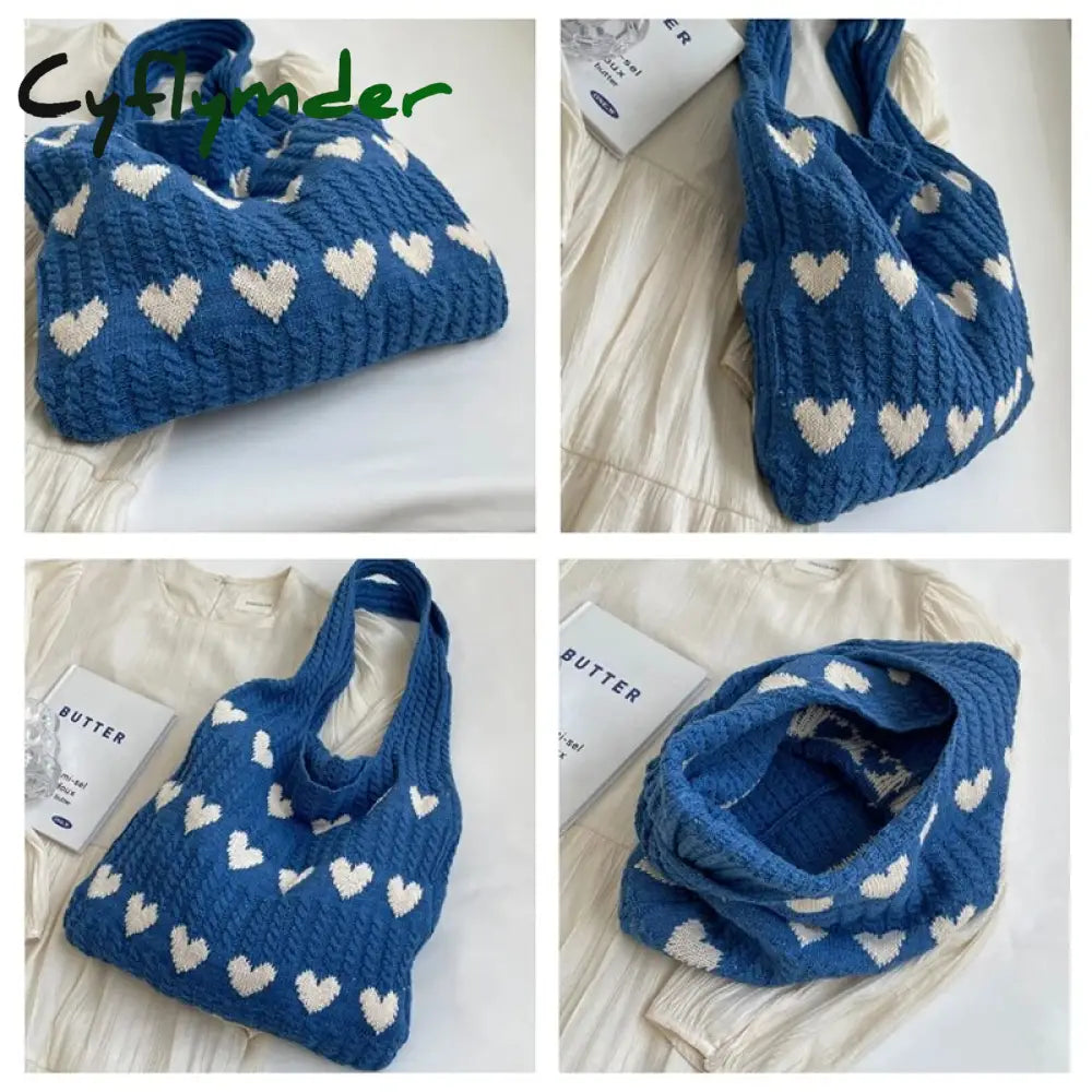 Cyflymder Heart Knit Women’s Bag Knitted Eco Korean Fashion Shopping Y2K Crochet Rope Shoulder